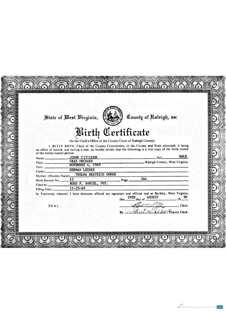 Download USA West Virginia birth certificate Photoshop template